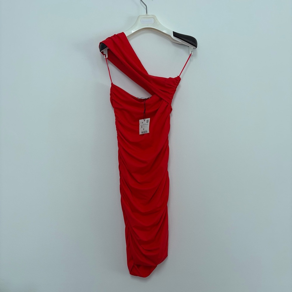 Zara Red One-Shoulder Strapless Mini Rouched Dress Small NWT